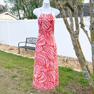 Lost + Wander Pink Red Tropical Print Open Back Maxi Dress M